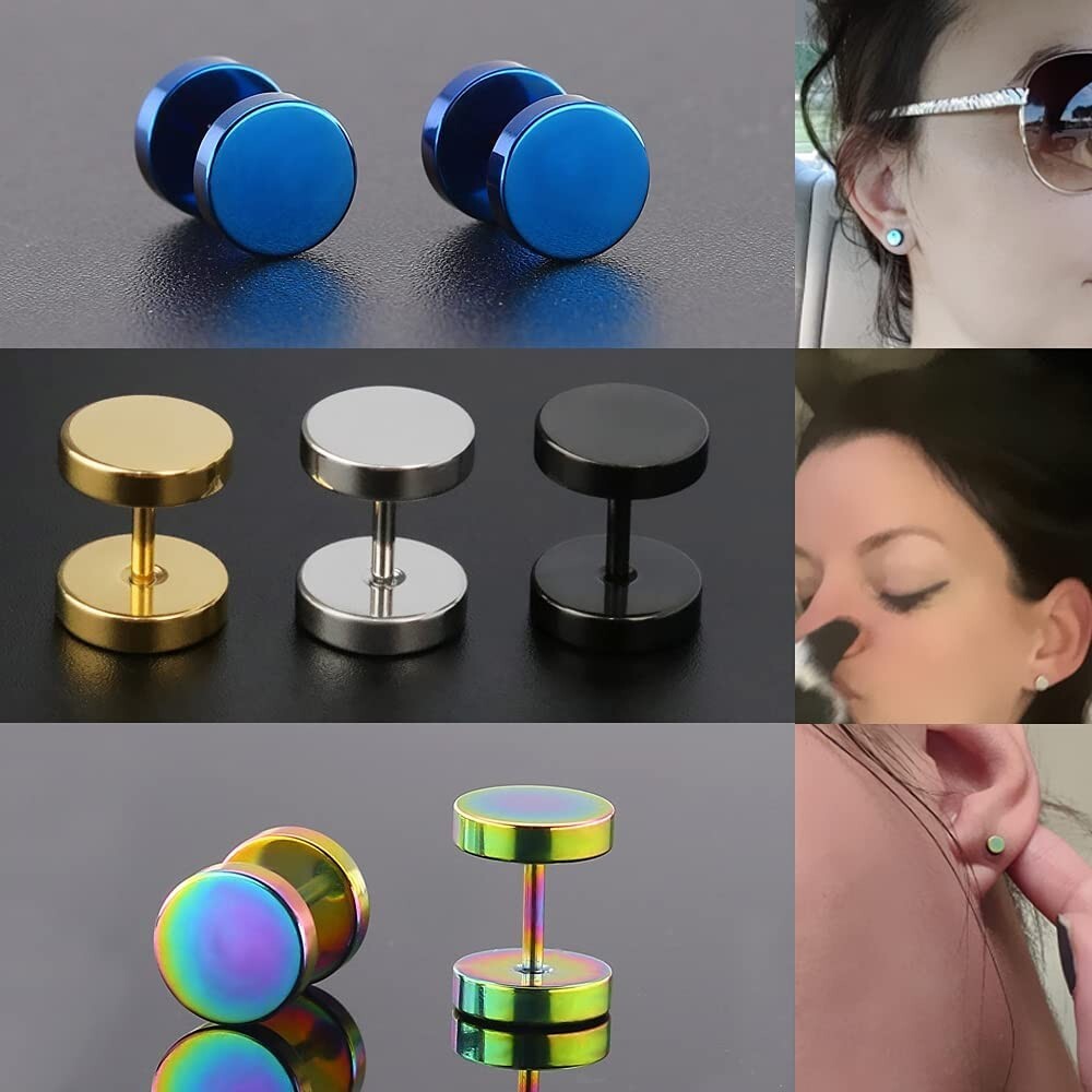 1 Pair Stud Earrings Mens Womens Faux Gauges Ear Tunnel Stainless Steel Earrings