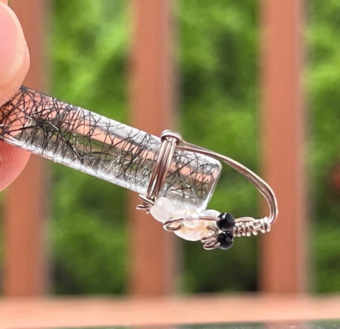 925 Quartz Vintage Black Rutile Sterling Silver Wrapped Pendant Gorgeous !
