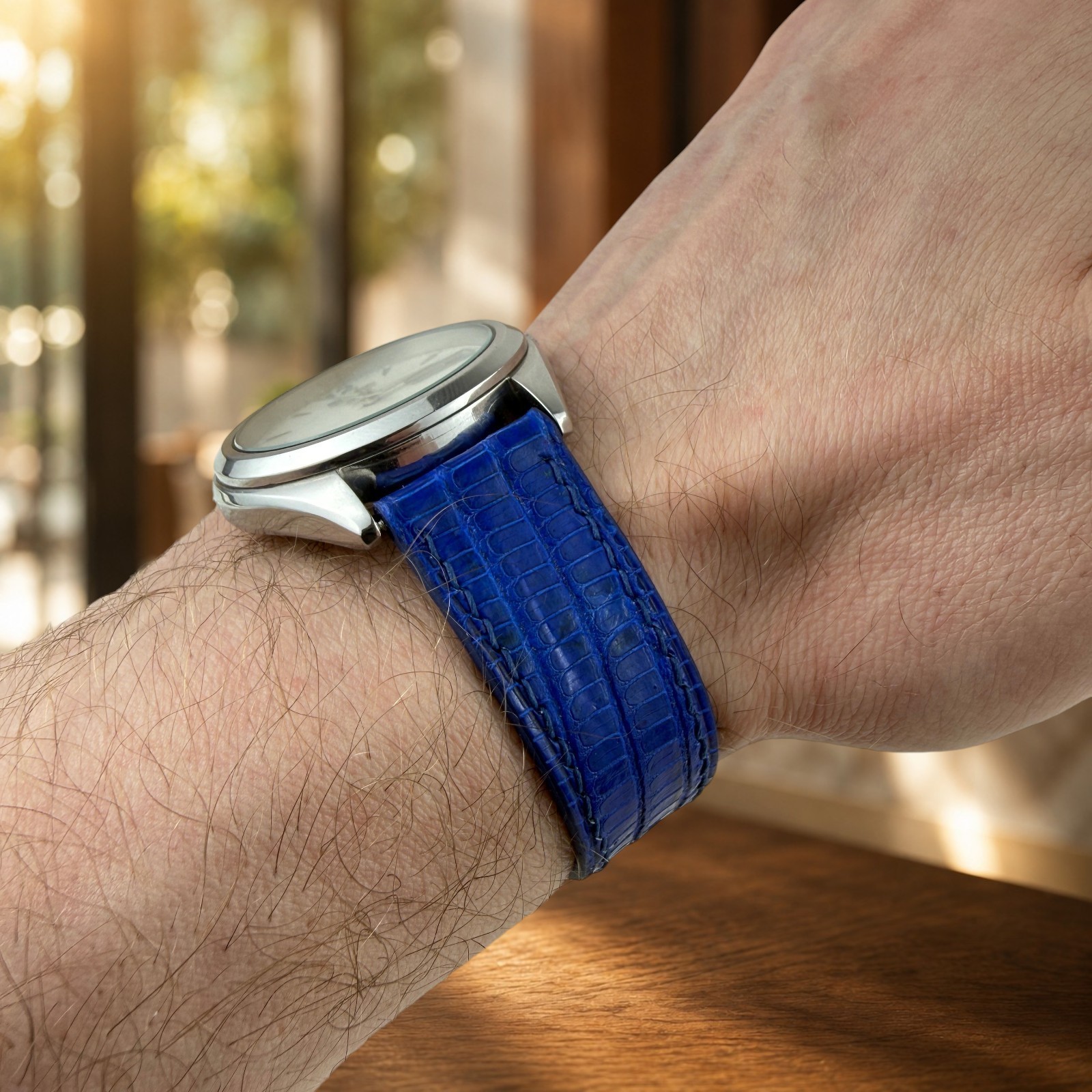 Genuine Lizard Leather Watch Band Strap 18mm Blue Handmade 316L Buckle