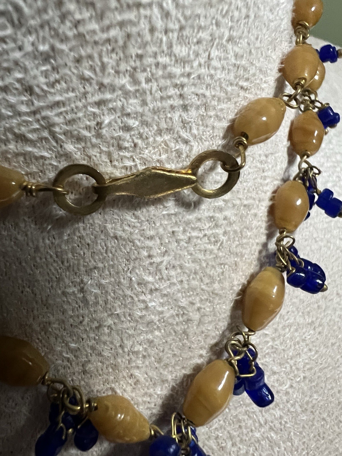 Vintage Mid Century Czech Glass Y Necklace Cobalt Blue Caramel Drop 25″