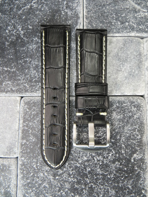 New 22mm Leather Watch Band Black Tang Tongue Strap for fits PANERAI White