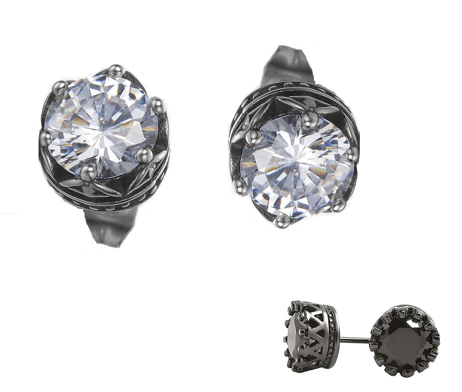 6/8/10mm Men Women Sterling Silver Post Stud Crown Cubic Zirconia Earrings Gift
