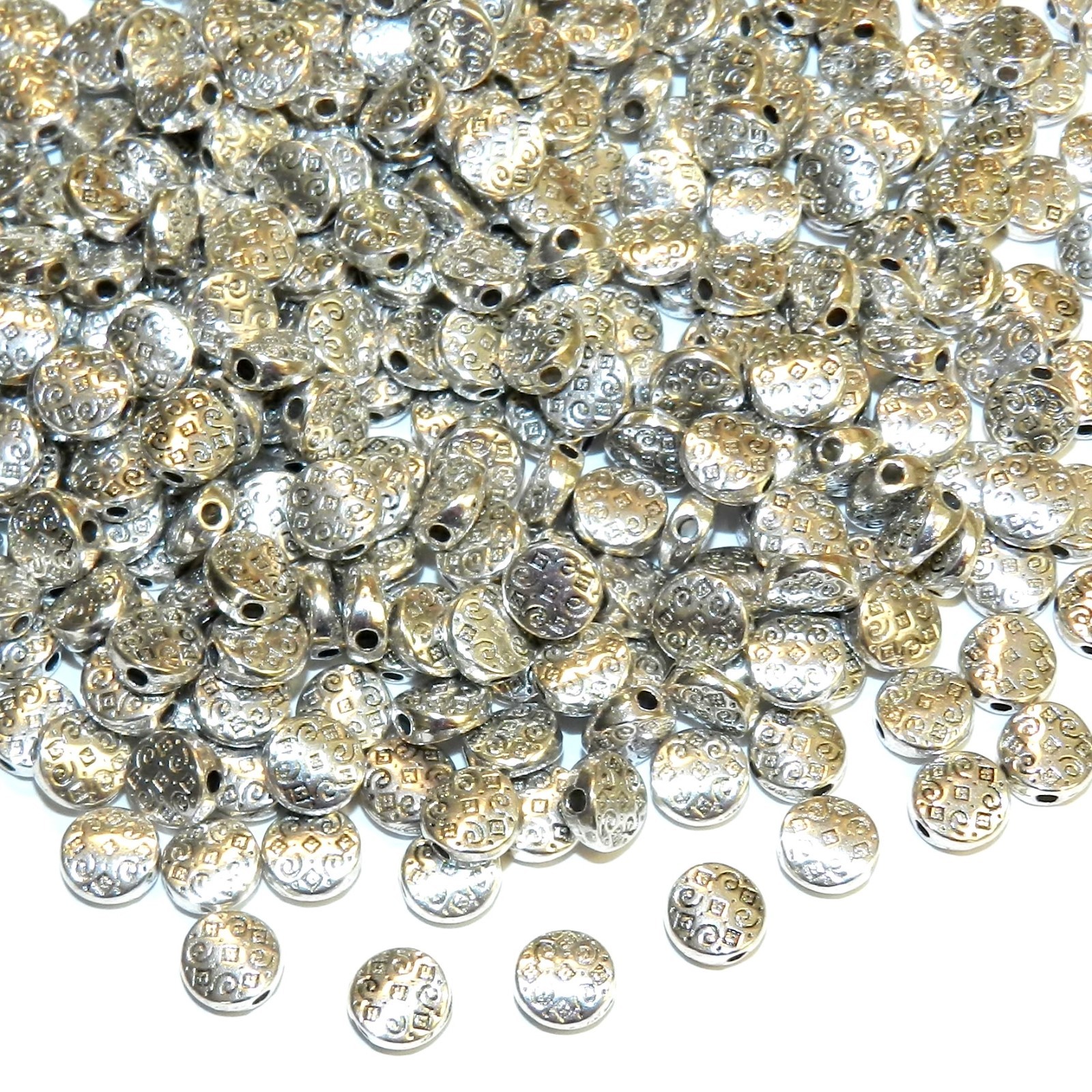 MB7169 Antiqued Silver 7mm Flat Round Diamond & Swirl Texture Metal Bead 25pc