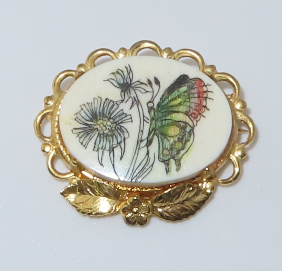 VTG Colored Scrimshaw Brooch: “JJJ 1/20 12KGF”, Butterfly, Flower, Gold Trim