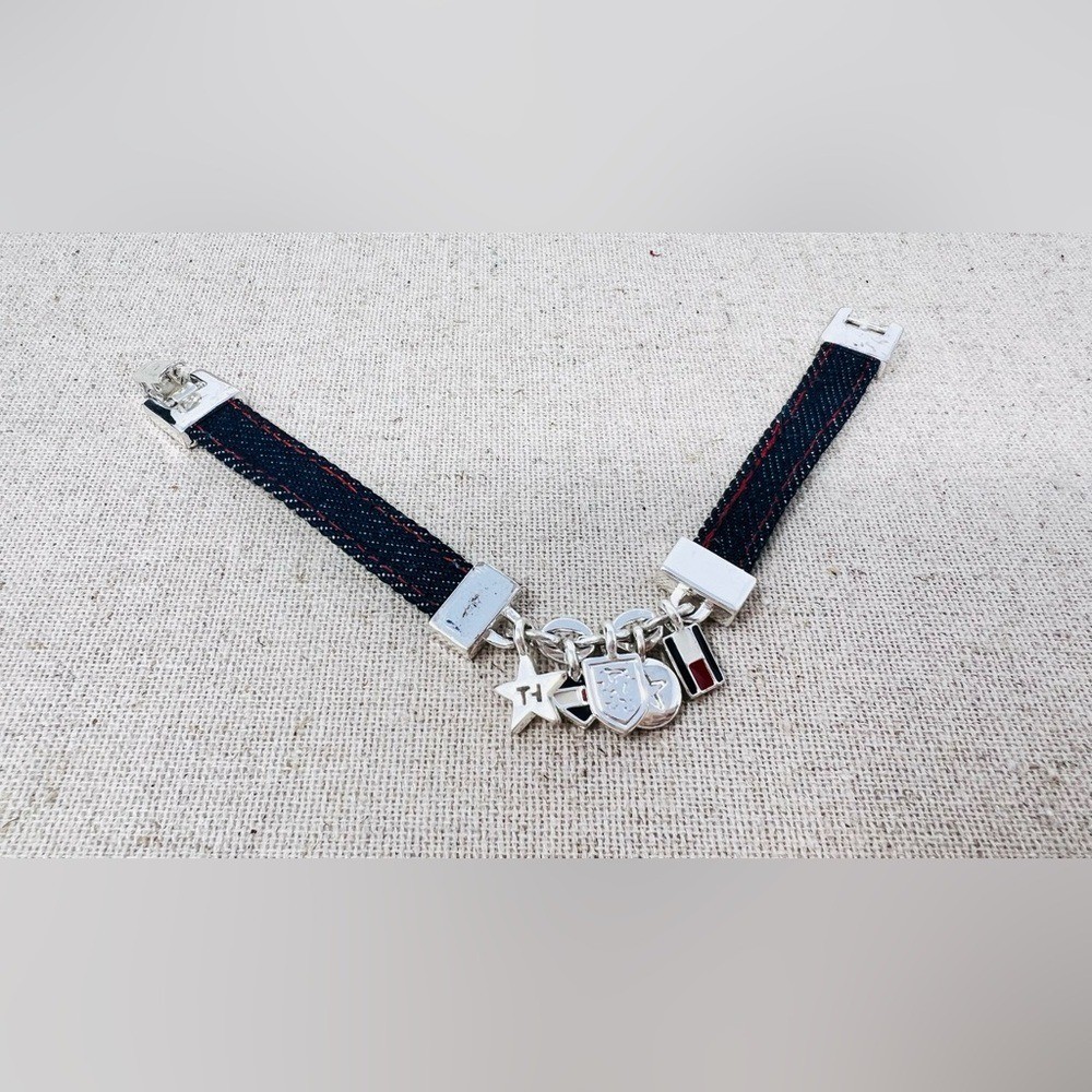 Y2K Tommy Hilfiger Blue Jean Fabric Silver tone Charm Bracelet