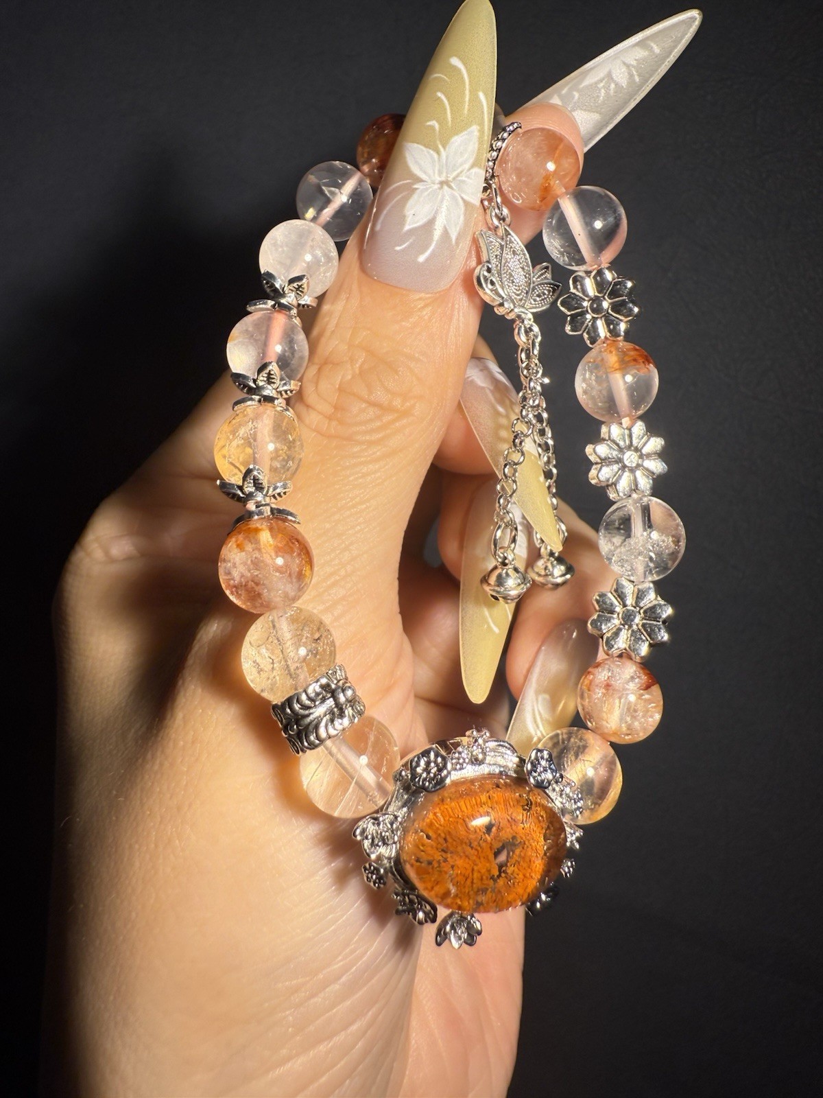 9.2mm High Grade Natural Fire Hematoid Crystal/ Phantom Crystal Charm Bracelet