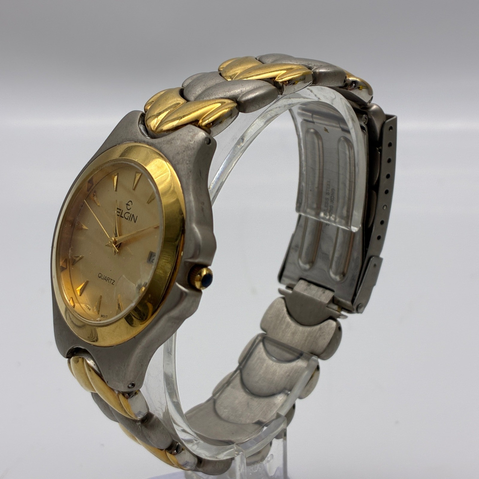 Elgin FM885 Two Tone Quartz Watch Gold Silver Date Window Blue Cabochon Crown