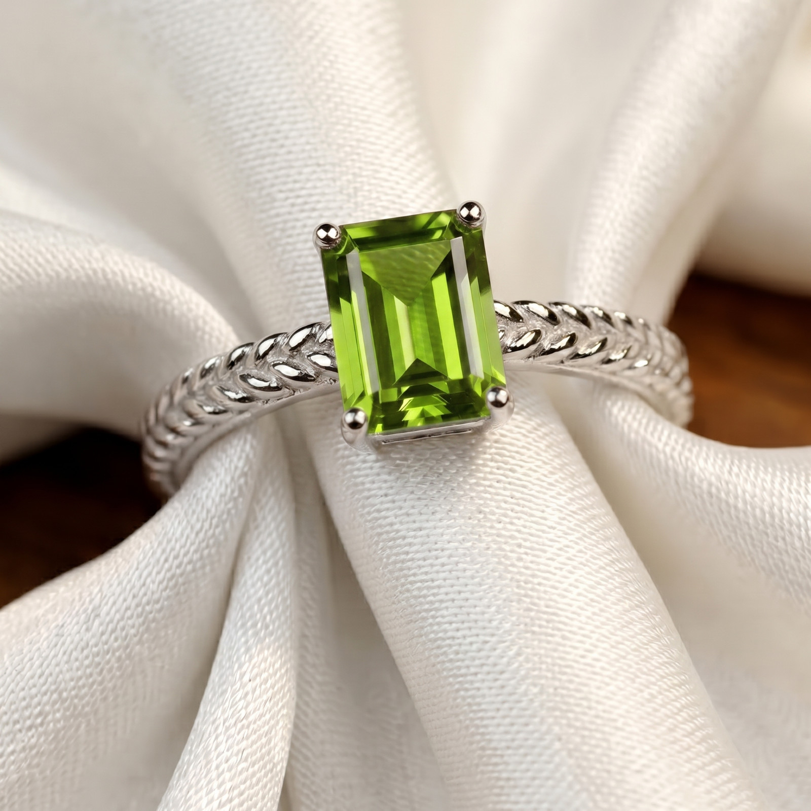 925 Sterling Silver Emerald Cut Alexandrite Wheat Pattern Ring, June Birthstone