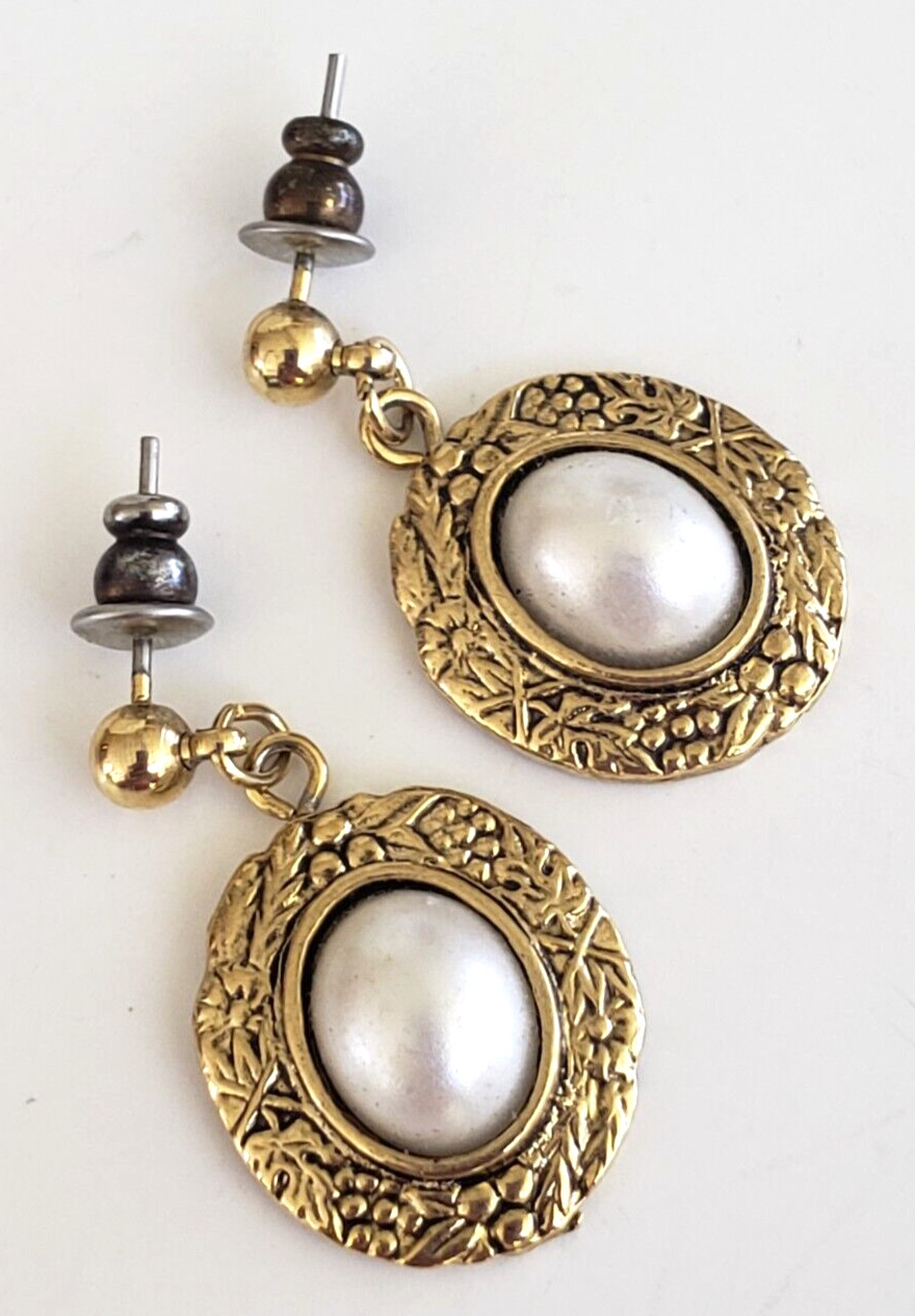 Vintage Victorian Rev Faux Pearl Gold Tone Small Dangle Pierced Earrings 1-1/8″