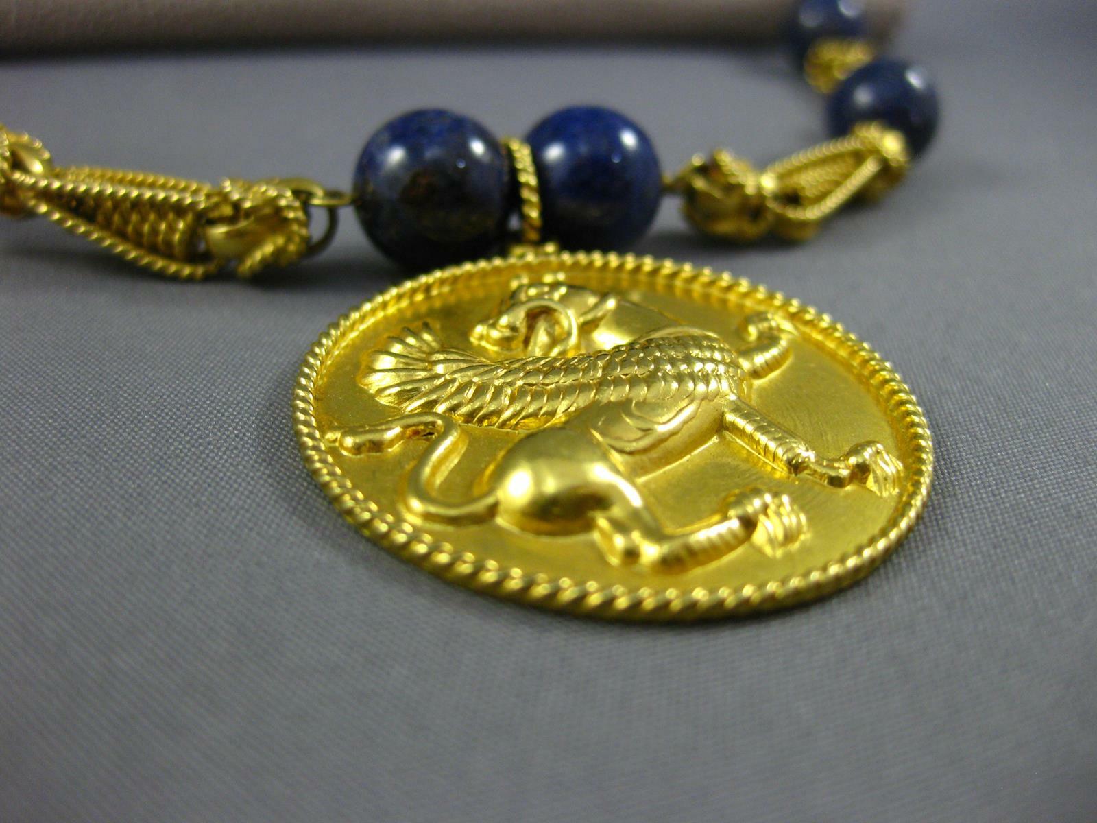 ESTATE LARGE AAA LAPIS 18KT YELLOW GOLD 3D CLASSIC FILIGREE DRAGON FUN NECKLACE