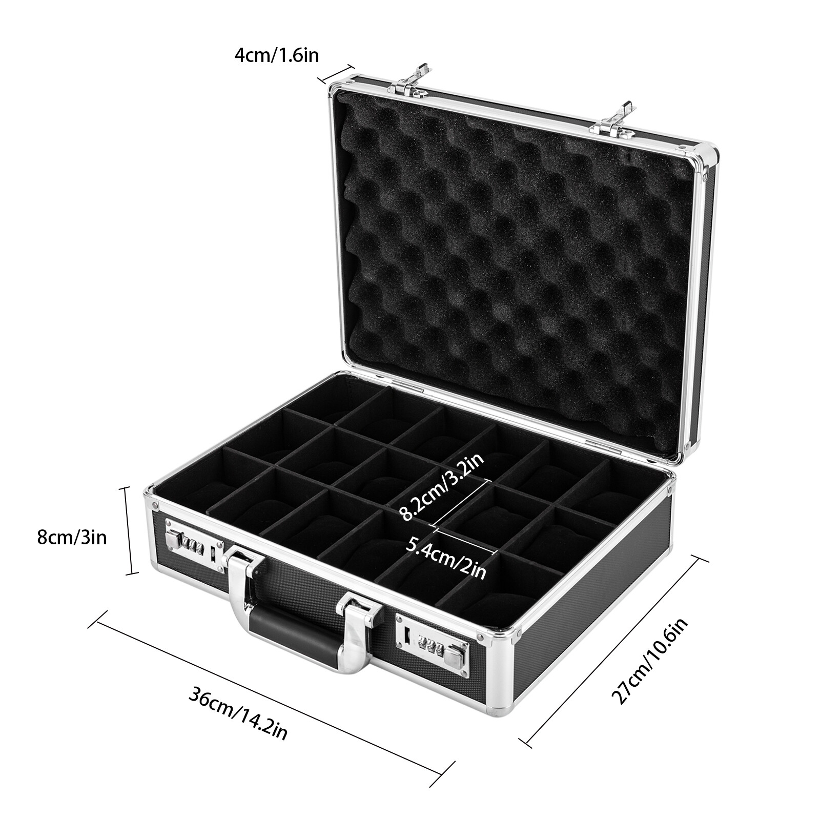 18 Slots Locking Display Storage Watch Box Briefcase Watches Collectors Black