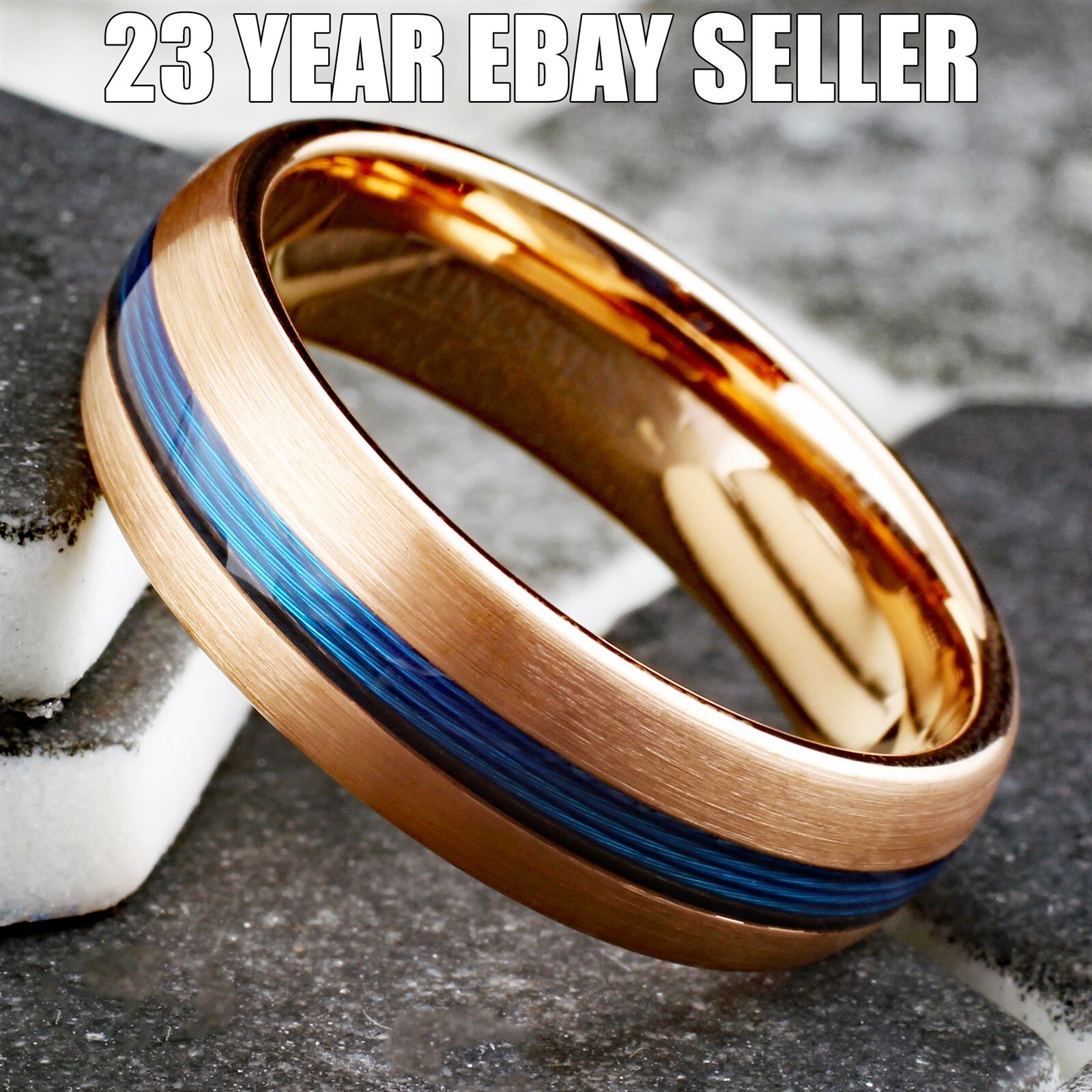 Tungsten Carbide Blue Fishing Line 7mm Brushed Band – Black or Rose Gold Plated