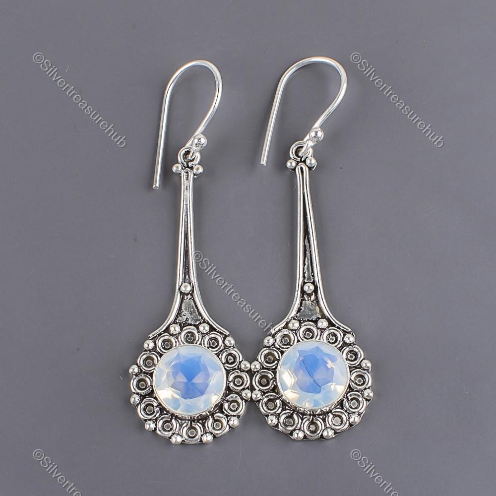 round Milky Opal Gemstone 925 Silver New Drop October Birth Bezel Wife Earrings