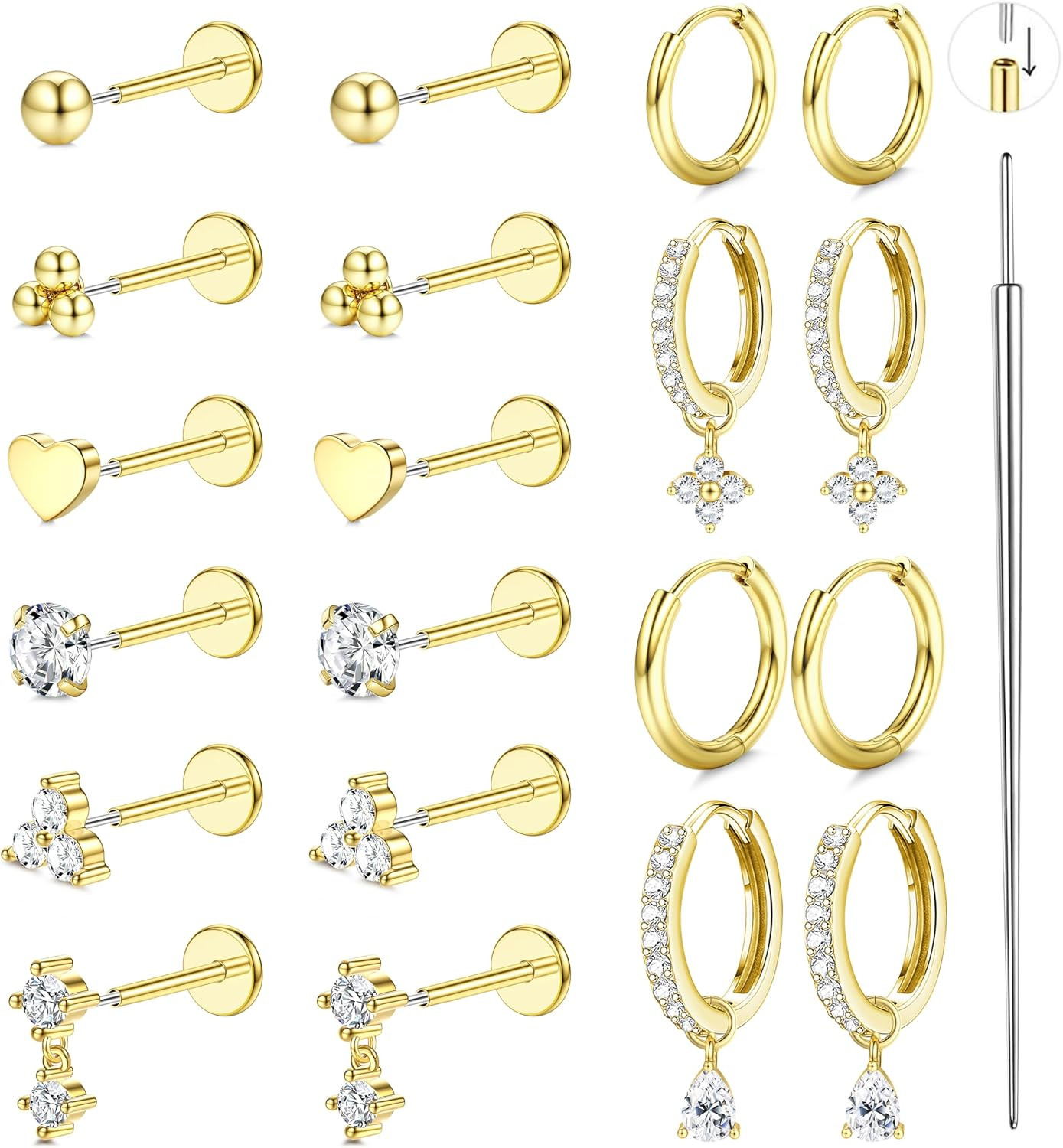 20G 18G 16G Threadless Flat Back Earrings Stud -316L Surgical Steel Push in Nose