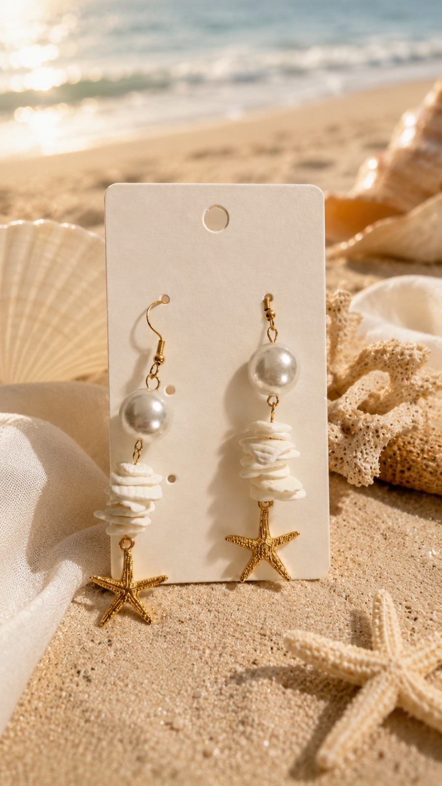 ​Coastal Gold Starfish & Pearl Dangle Earrings with White Seashell Accents