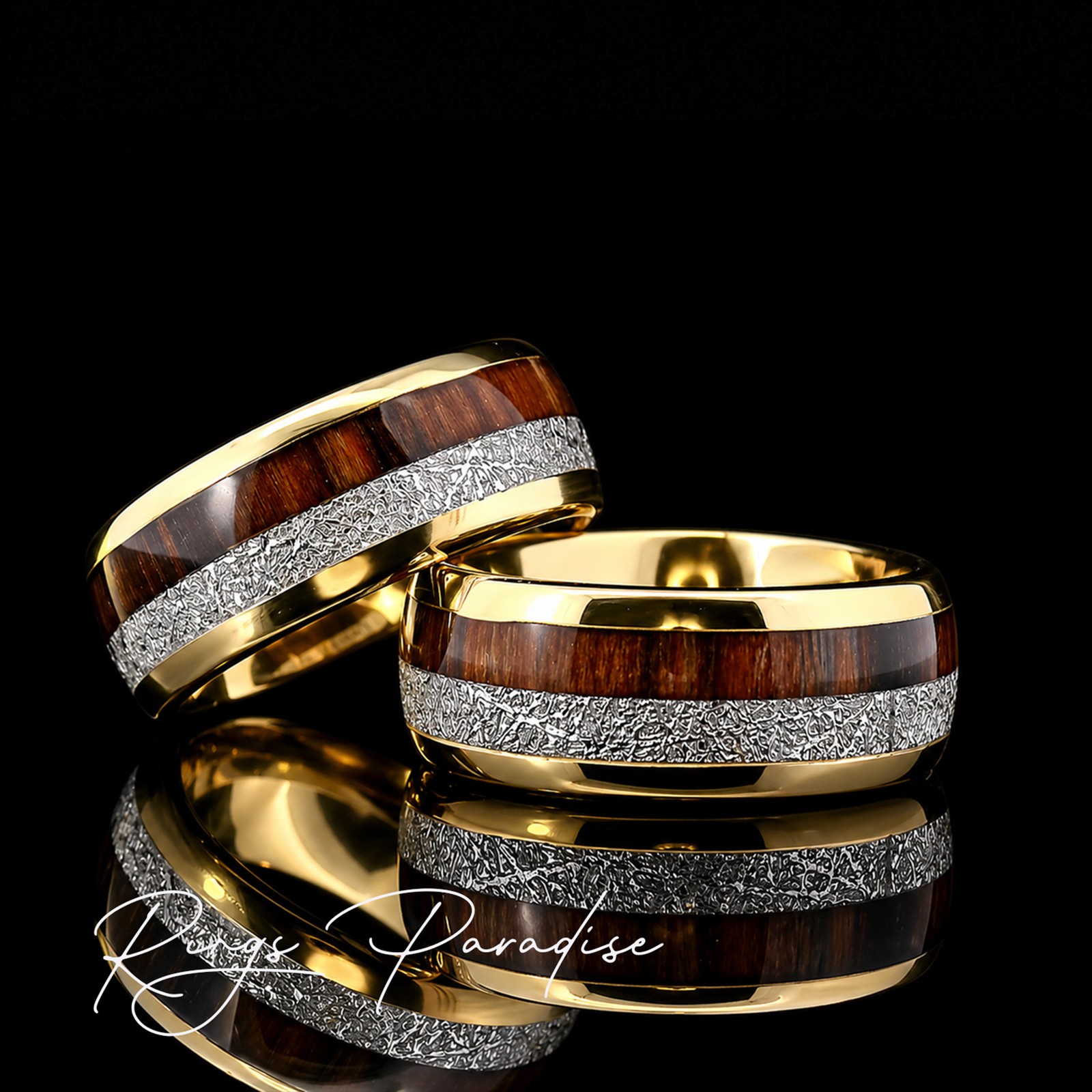 Yellow Gold Tungsten Ring 6mm 8mm | Wood Meteorite Inlay Band