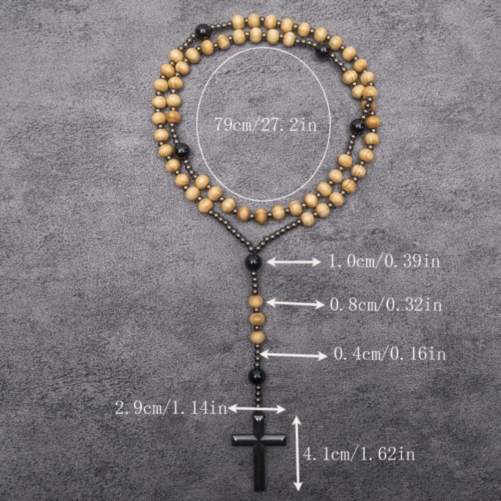 Wooden Prayer Beads Black Gallstones Cross Religious Necklace Wishing Pendant