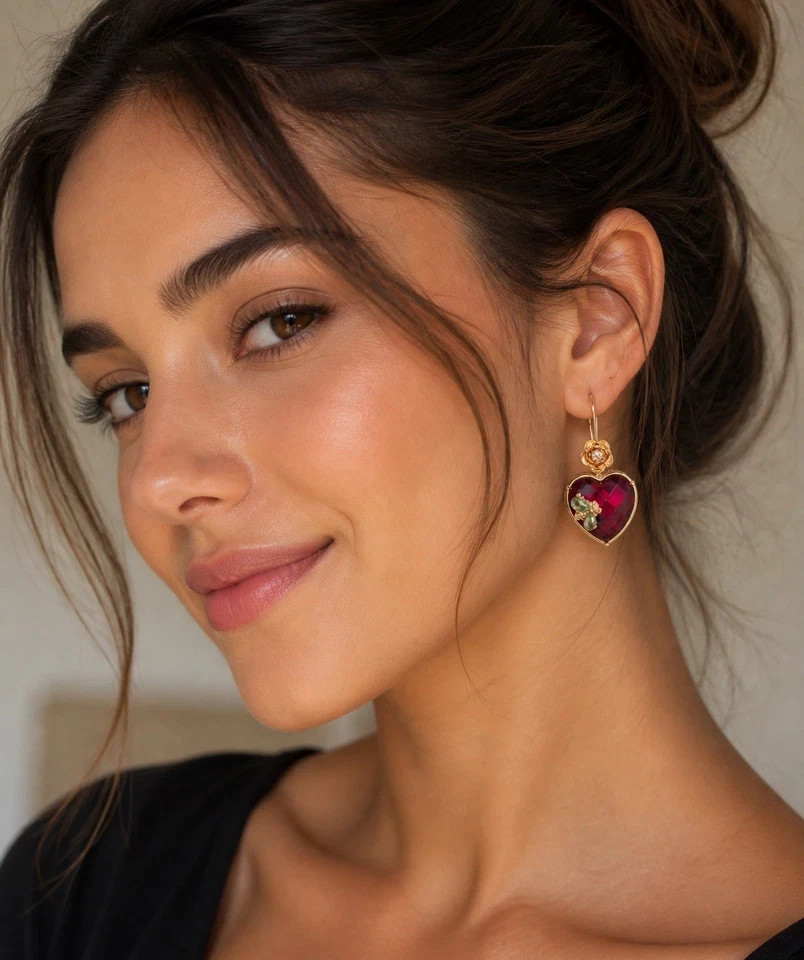 Women’s Red Crystal Heart Dangle Earrings Gold Tone Bee Floral Hook Jewelry