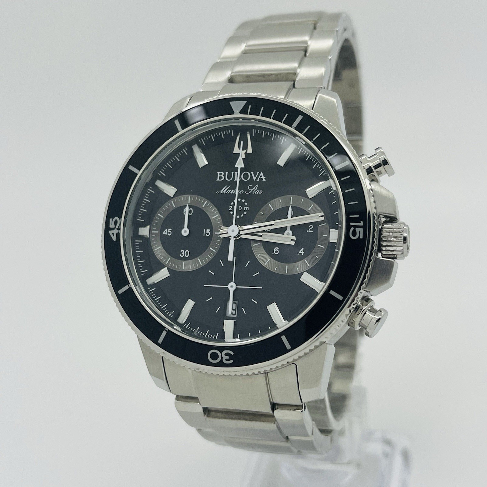 Bulova Marine Star Chronograph Men’s 45mm Black Dial Silver Steel Watch 96B272