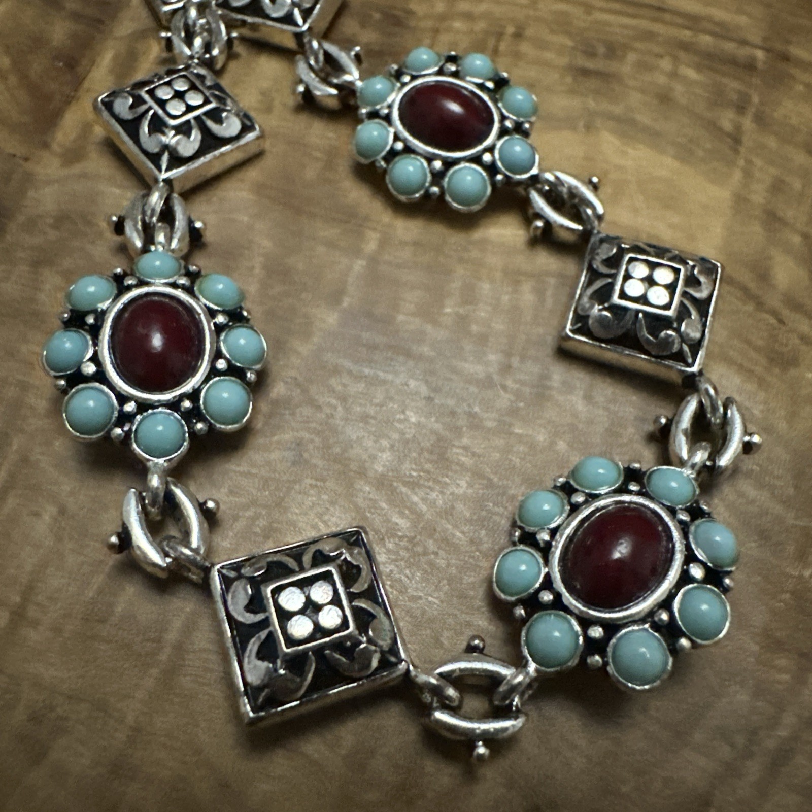 Silver Tone Turquoise & Red Floral Scroll Link Bracelet Western 7.5” Push Lock