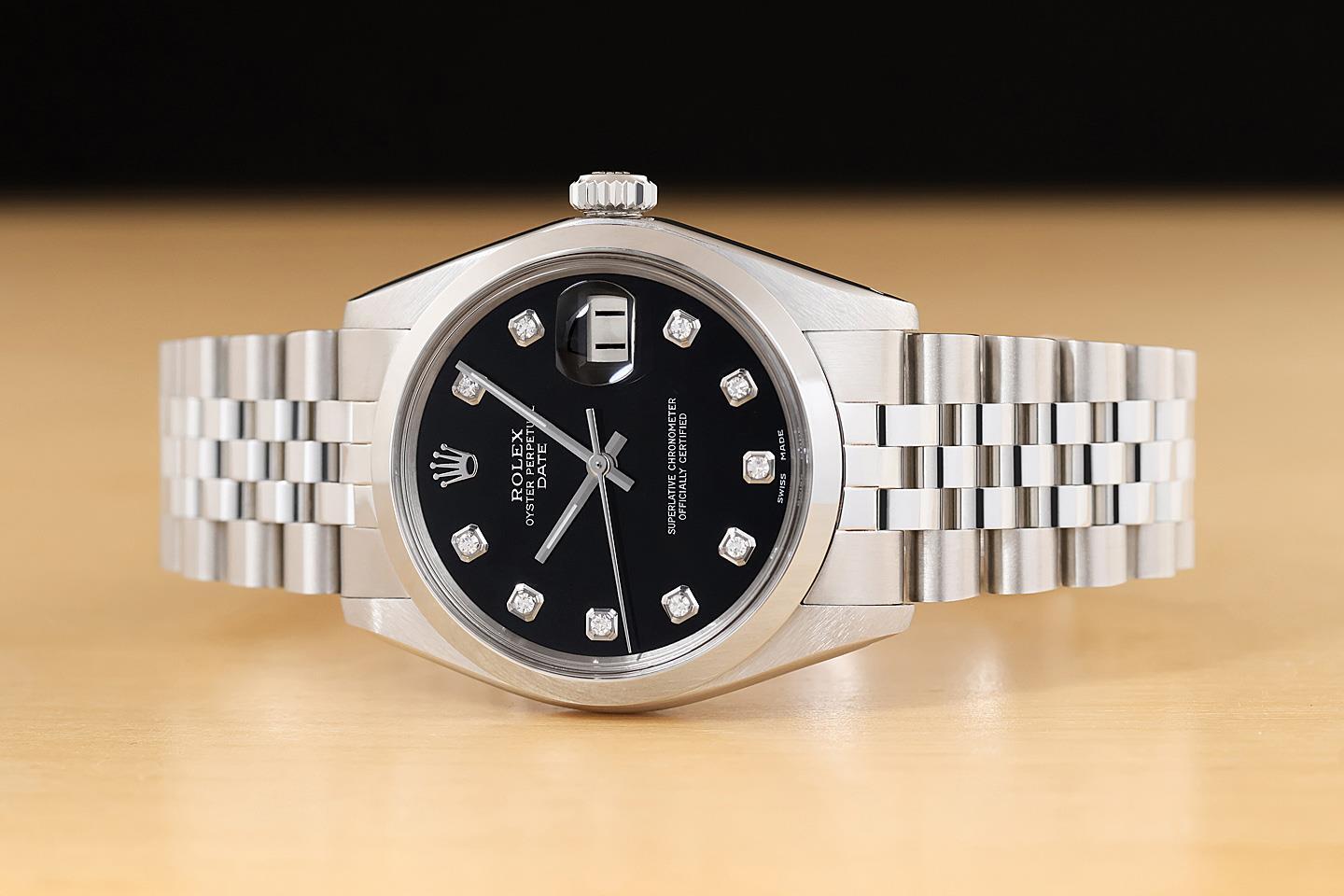 ROLEX OYSTER PERPETUAL DATE 1500 BLACK DIAMOND DIAL STAINLESS STEEL 34MM WATCH