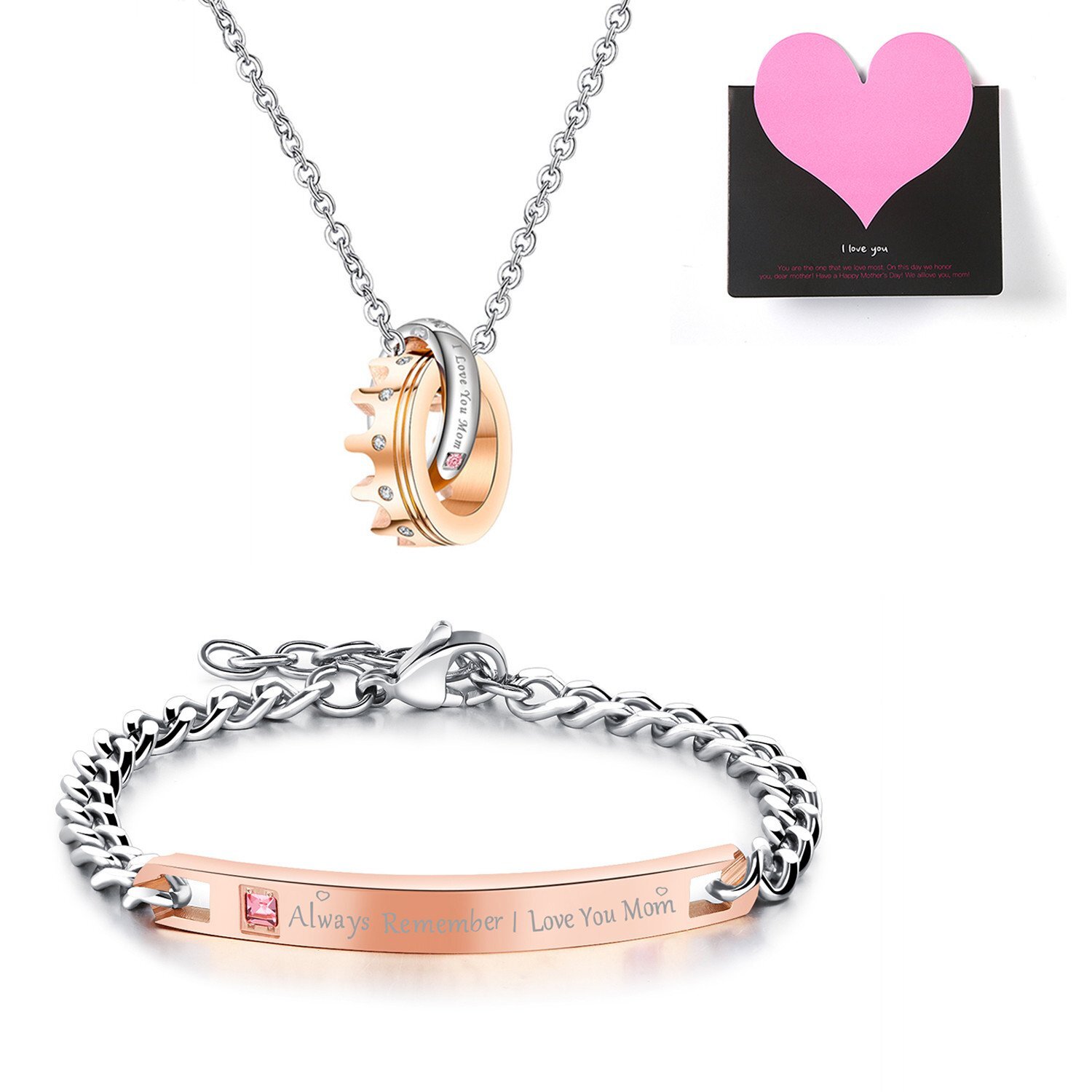 ‘I Love You Mom’ Crown Ring Interlocking Necklace Bracelet Set Mother’s Day Gift