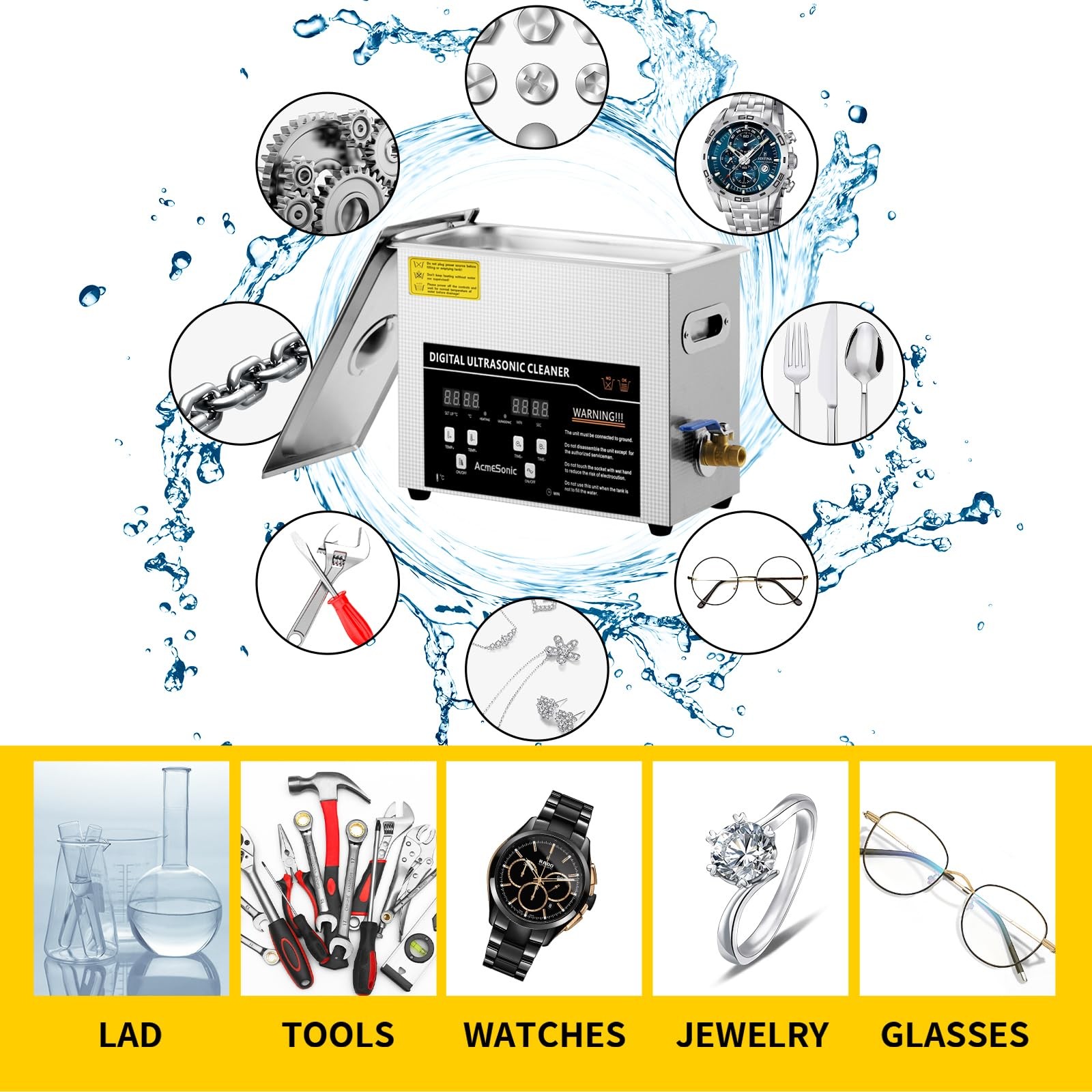 Digital Ultrasonic Cleaner 6L with Timer & Heater 40kHz SUS 304 Stainless Ste…