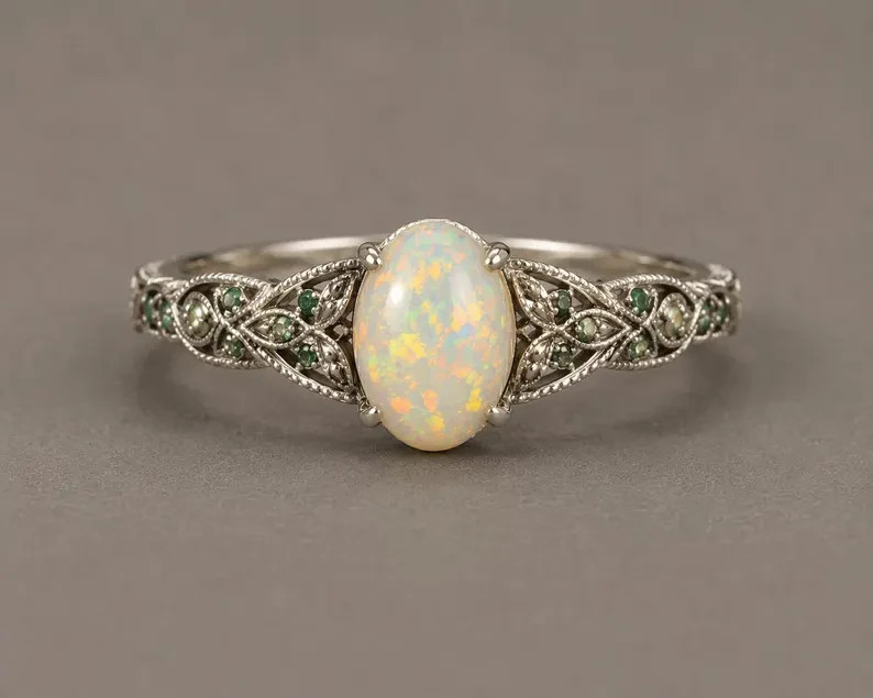 Natural Ethiopian Opal Ring 925 Sterling Silver Vintage Filigree Floral Ring