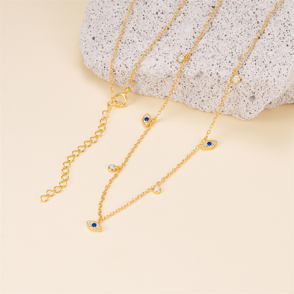 Gold Plated 925 Sterling Silver Blue CZ Evil Eye Station Necklace for Women