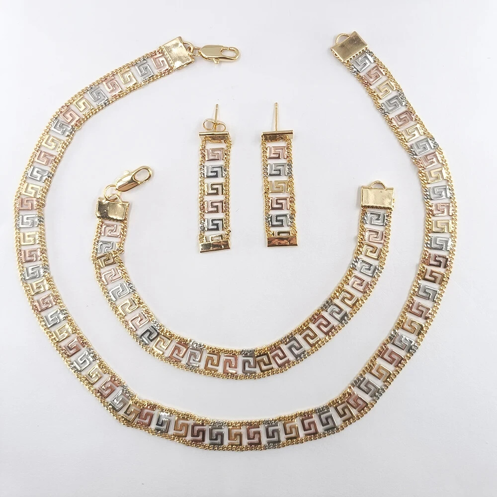 NEW WOMEN’S GREEK KEY NECKLACE & EARRING, BRACELET SET TRI COLOR GOLD BEAUTY