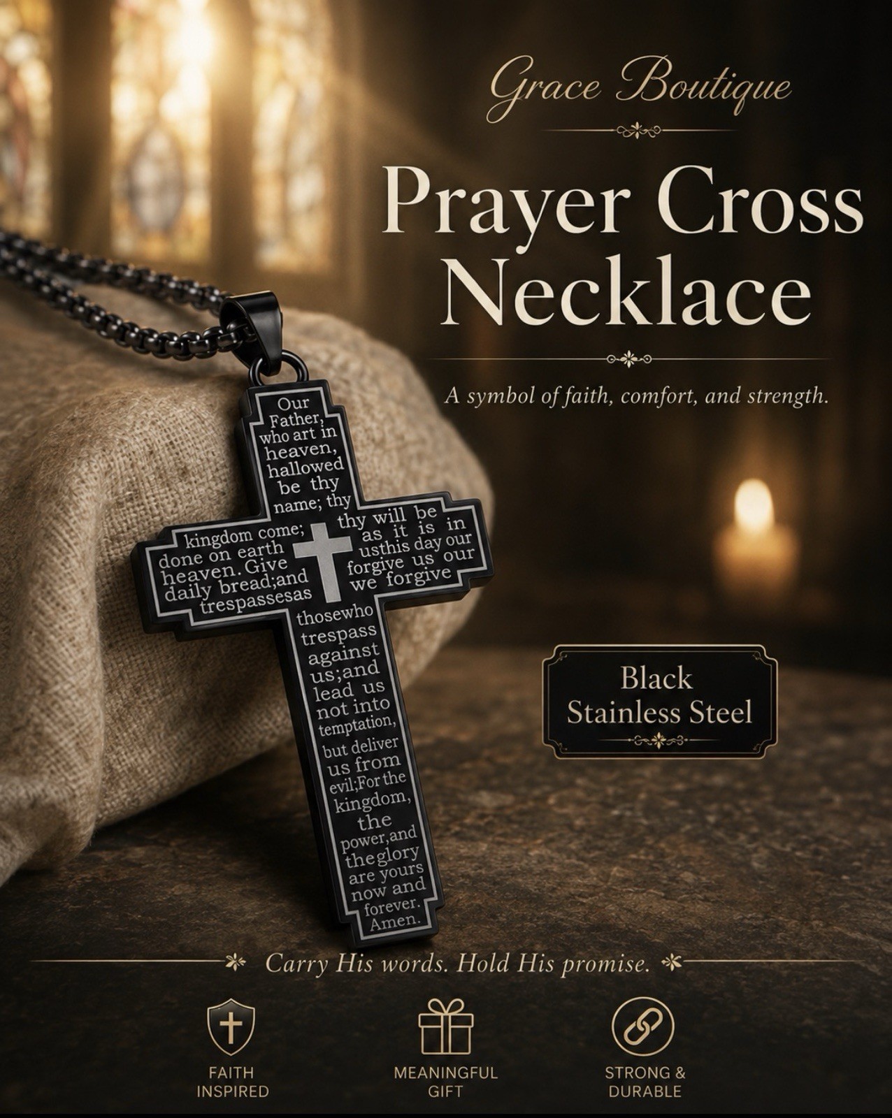 Grace Boutique Prayer Cross Pendant Necklace Black Stainless Steel Cable 23.62in
