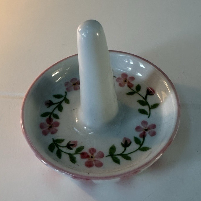 Ceramic Floral Ring Holder, Glossy White Pink Green, Free Standing
