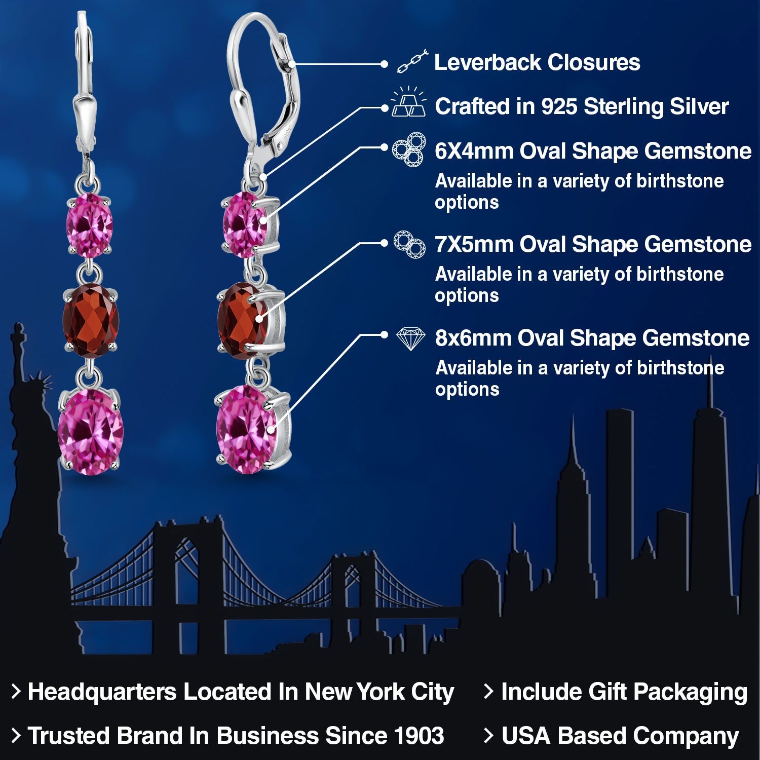 925 Sterling Silver Pink Created Sapphire 3 Stone Dangle Earrings For Women