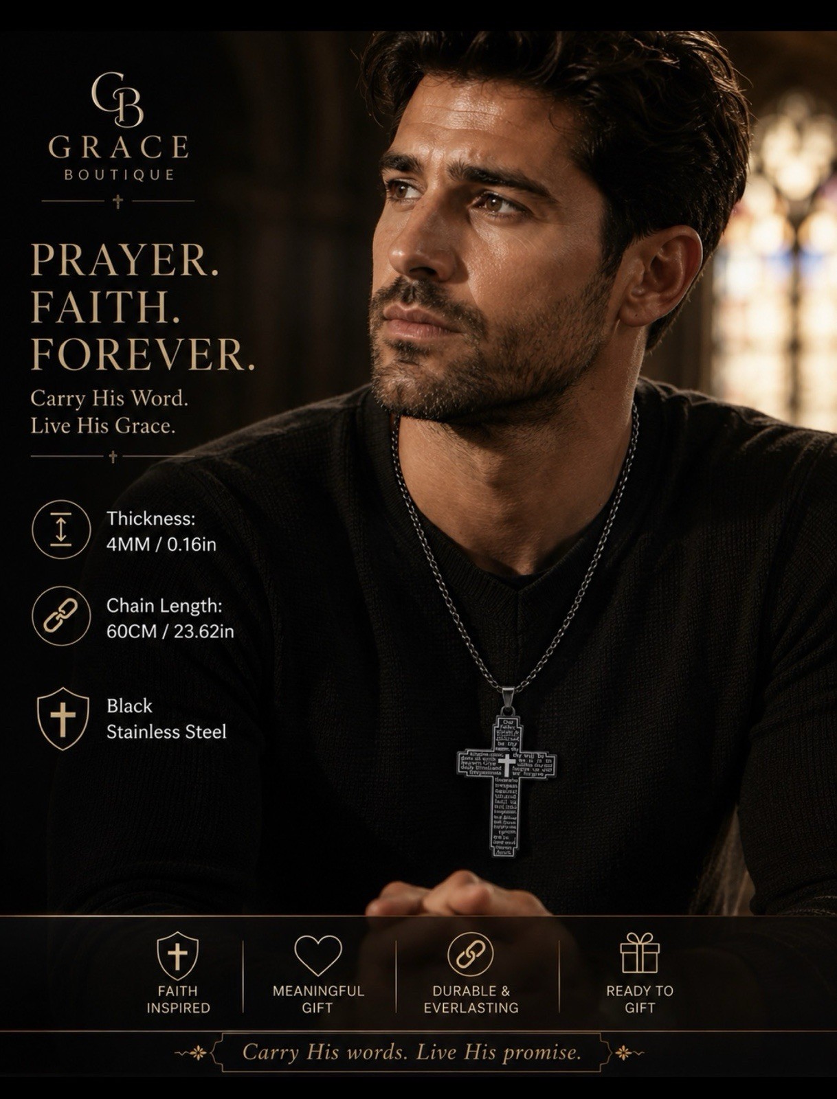 Grace Boutique Prayer Cross Pendant Necklace Black Stainless Steel Cable 23.62in