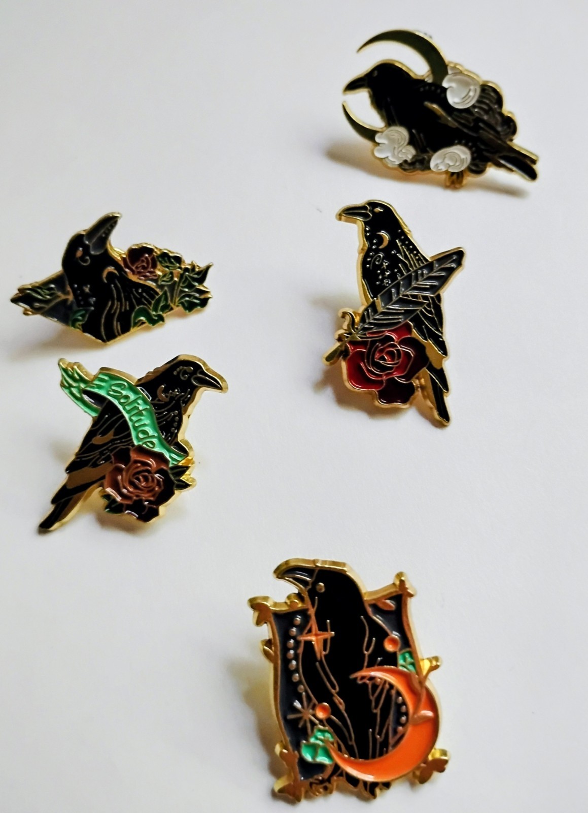 5 PC Enamel Black Crow Pins Gold Toned Raven Birds Jewelry Halloween Goth Emo