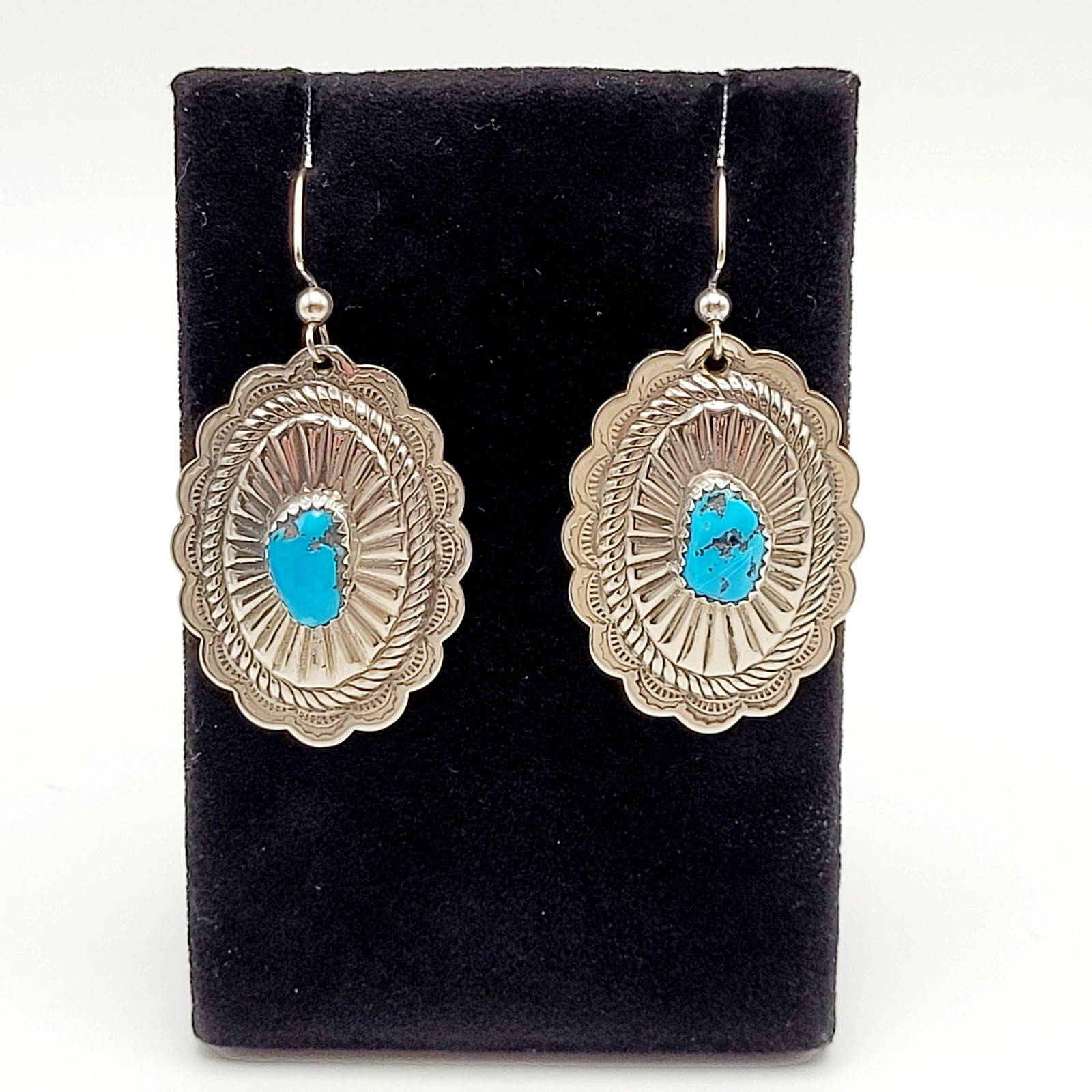 Southwestern Style Silver Tone Turquoise Concho Dangle Pierced Hook Earrings