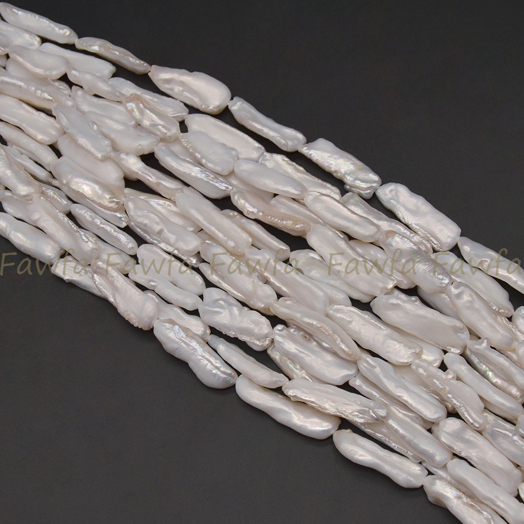 25-30mm Natural White Unique Biwa Long Baroque Freshwater Pearl Loose Beads 15”