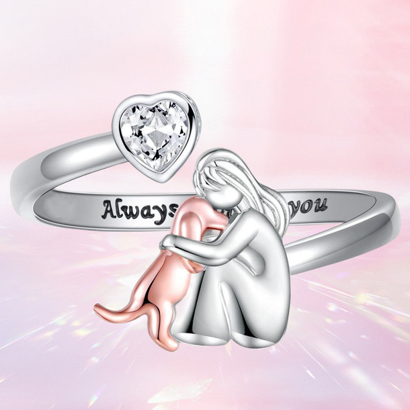 Cute Pet Dog Girl Friendship Stacking Bypass Ring in 925 Sterling Silver