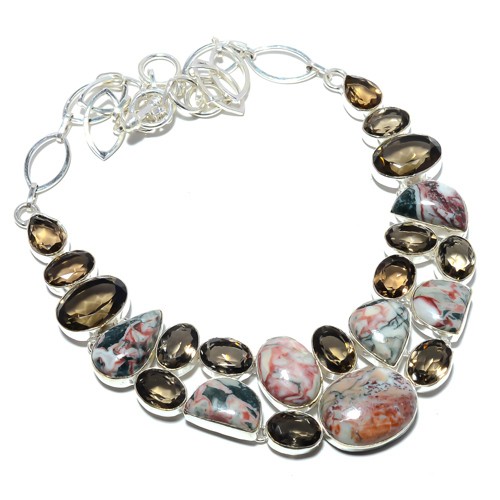 Mayan Porcelain Jasper, Smoky Quartz 925 Silver Plated Necklace 18-19.99″ T22