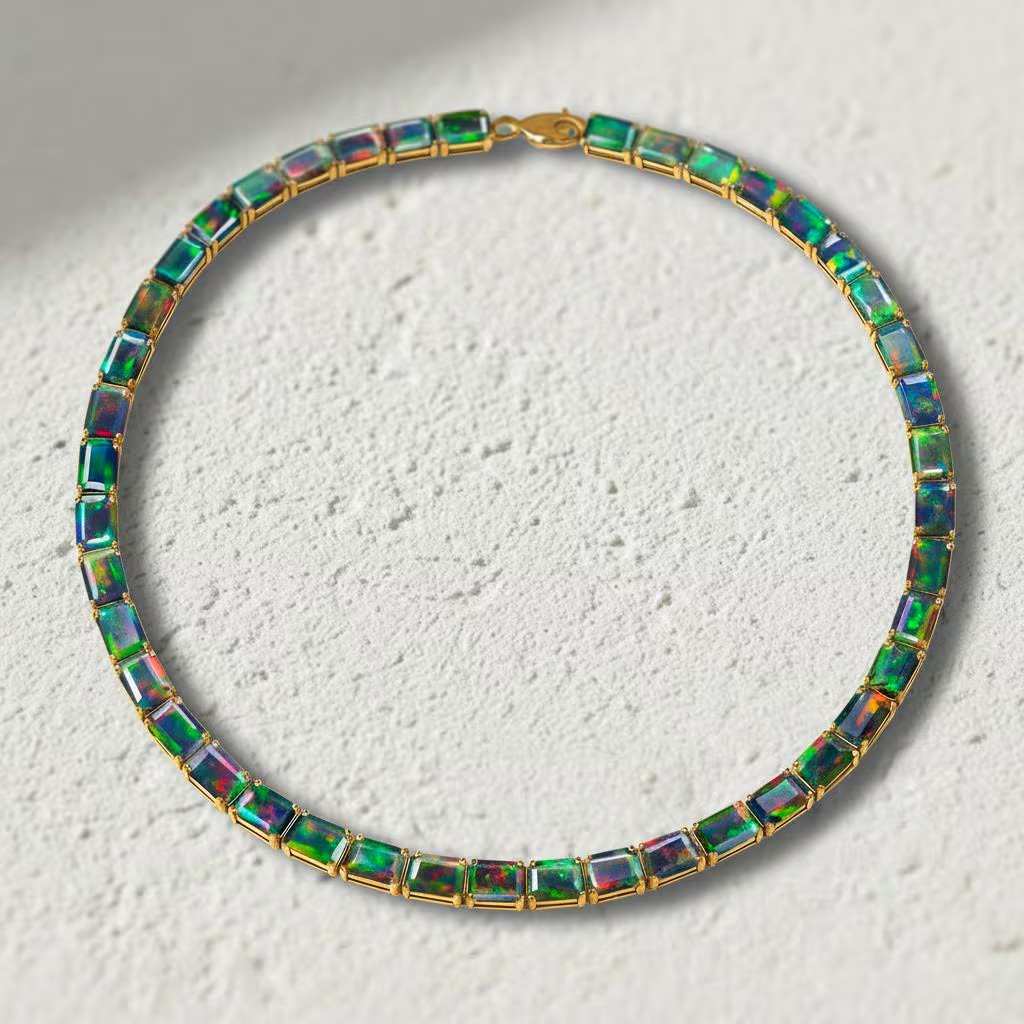 Black Opal Octagon Gemstone Tennis Necklace, Natural Opal 925 Silver Necklace