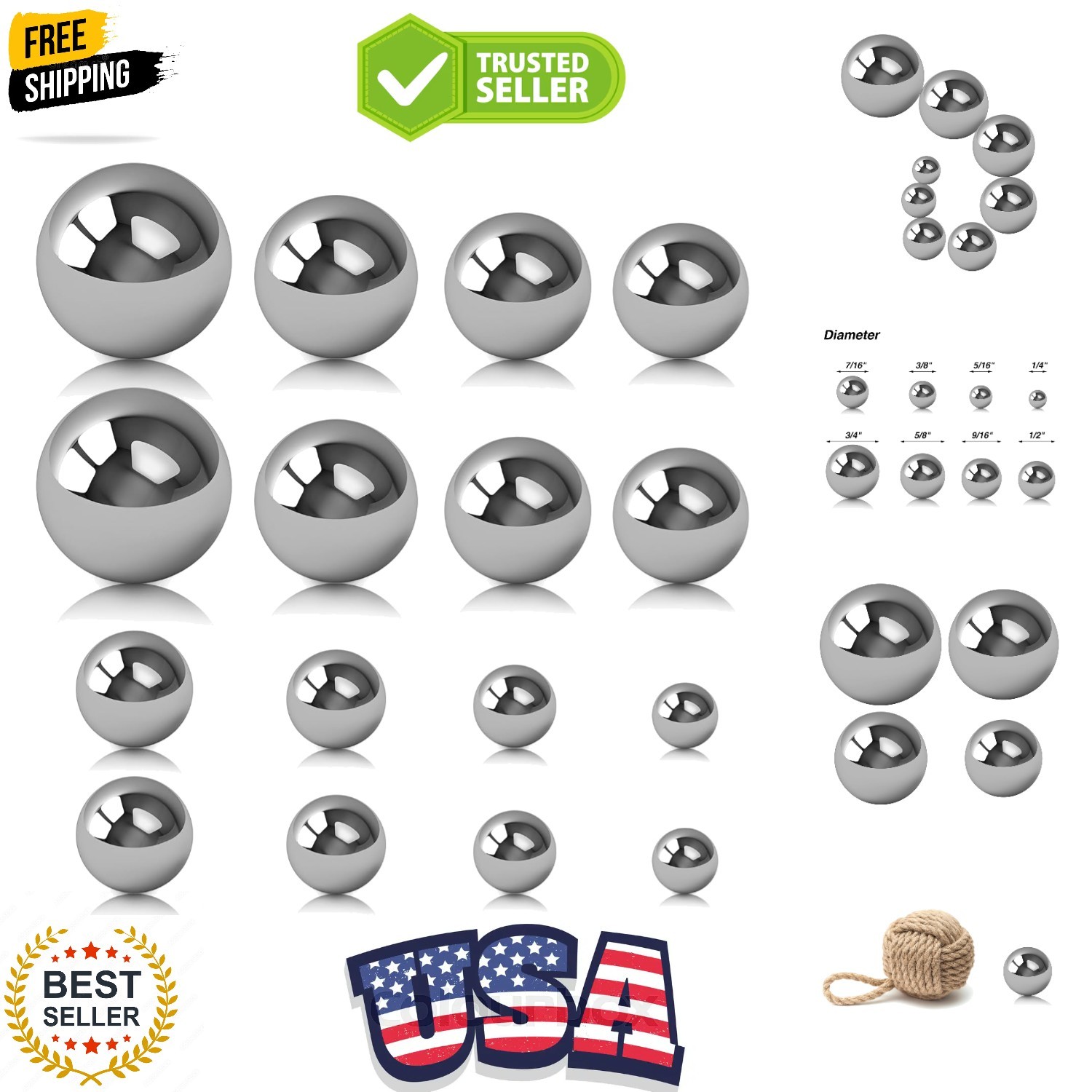 Coin Rings: Assorted 3/4, 7/16, 1/4 Inch Stainless Steel Monkey Fist Balls 16…