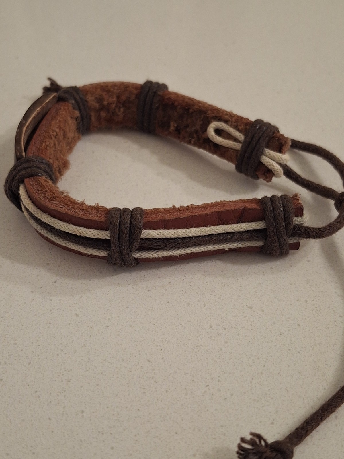 Leather Smiley Face Bracelet Adjustable Drawstring Closure Brown Black White
