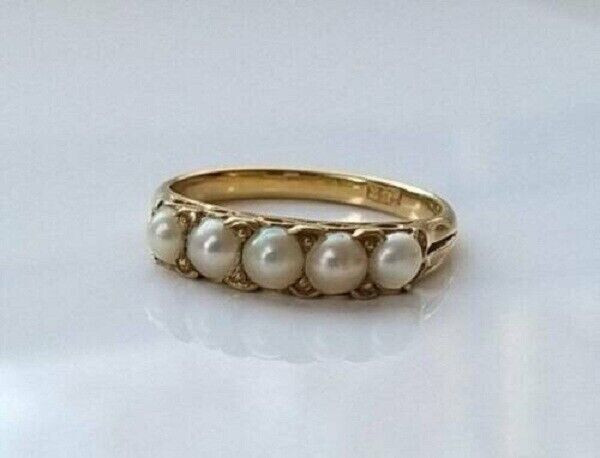 Pretty 3Ct Round Cut White Pearl Five Stone Engagement Ring 14K Yellow Gold FN