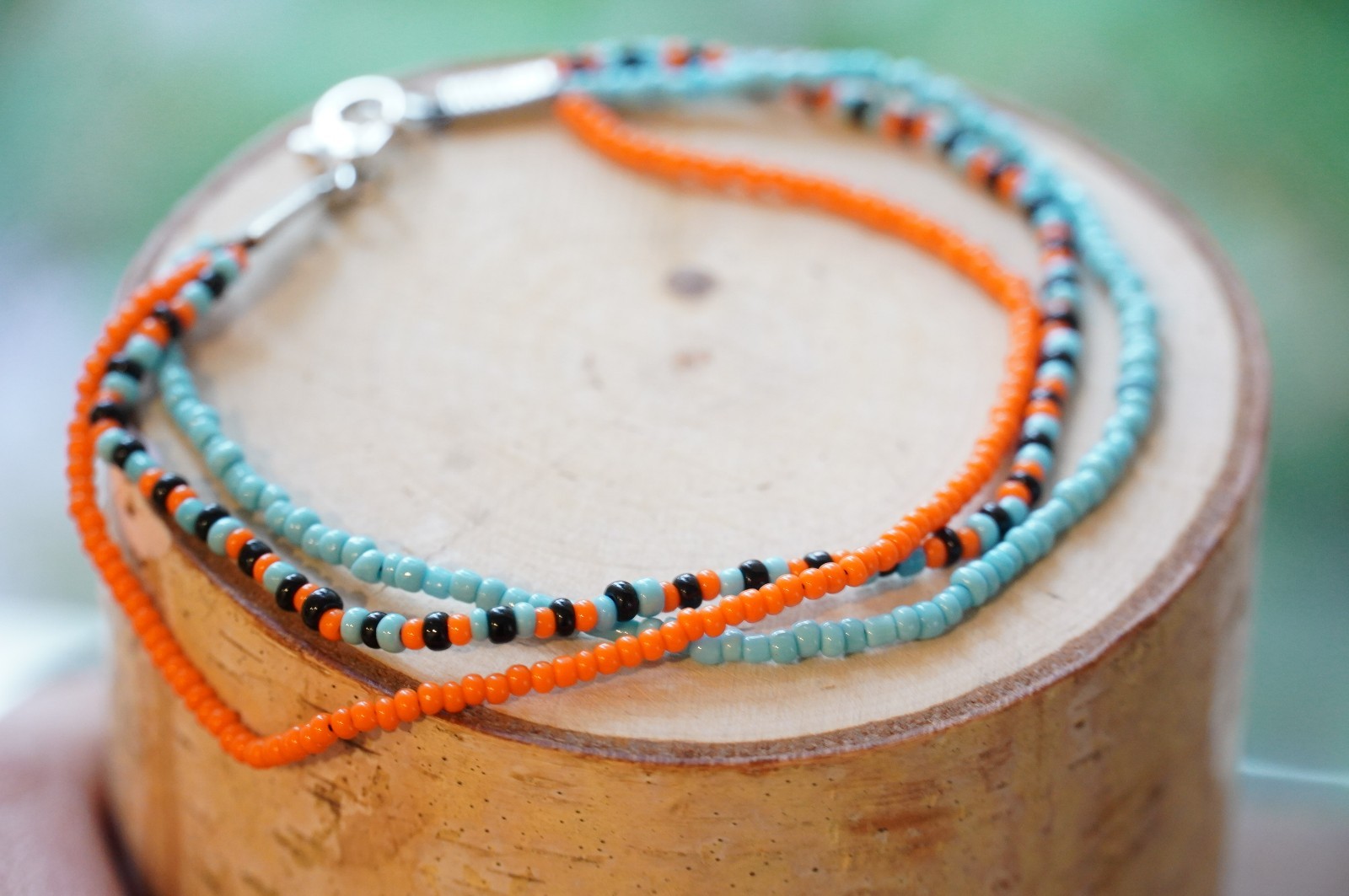 Multi-color Black, Blue, & Orange Glass Seed Bead 8″ Bracelet