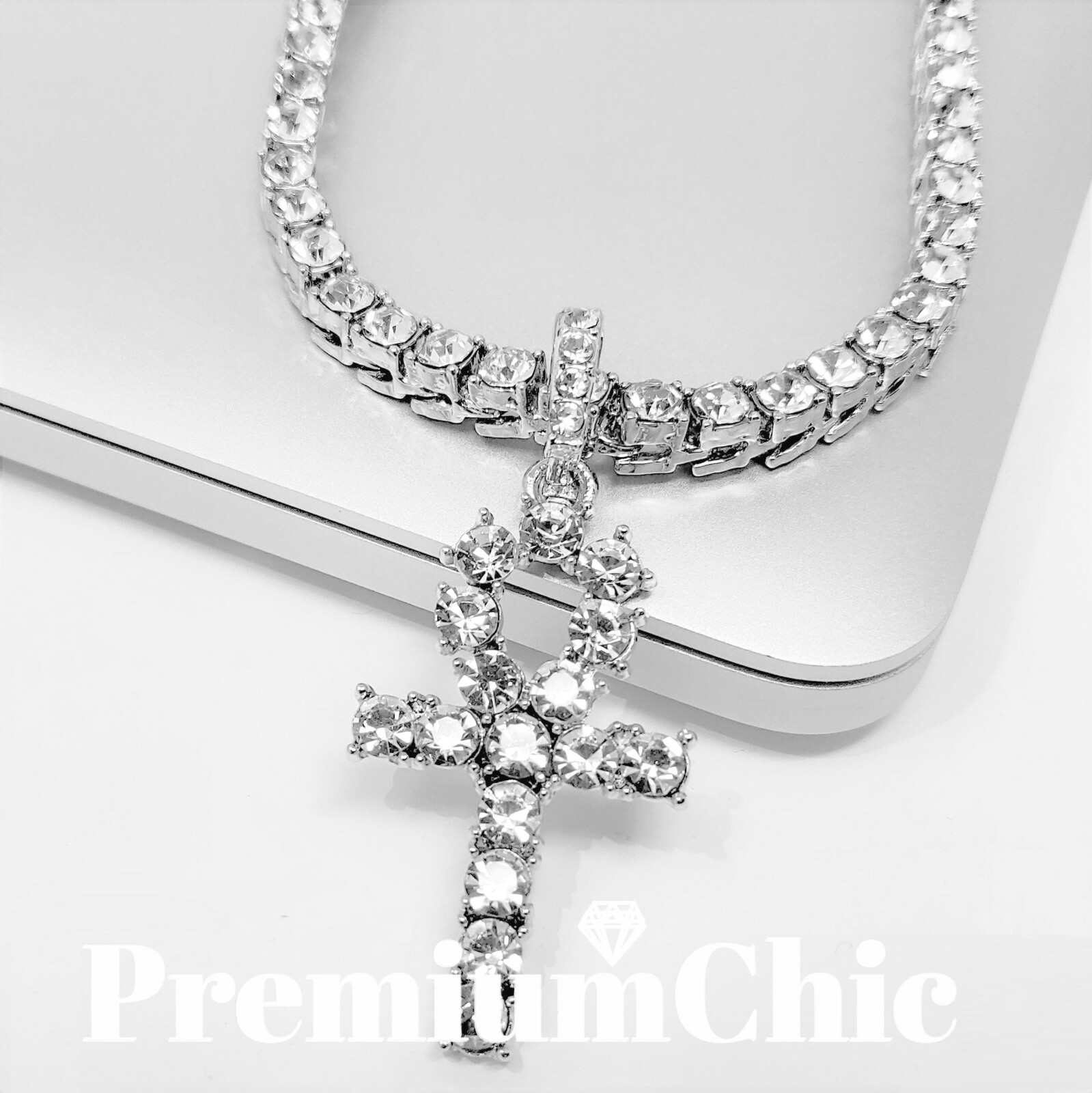 ANKH Cross Pendant ICED Tennis Chain Gold Plated Silver Rose Hip Hop CZ Necklace