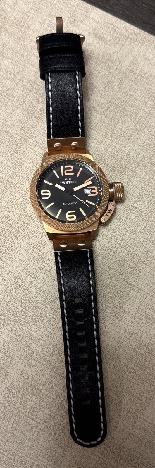 TW Steel Canteen Automatic Watch Black Dial Rose Gold Case Date 45mm 100m