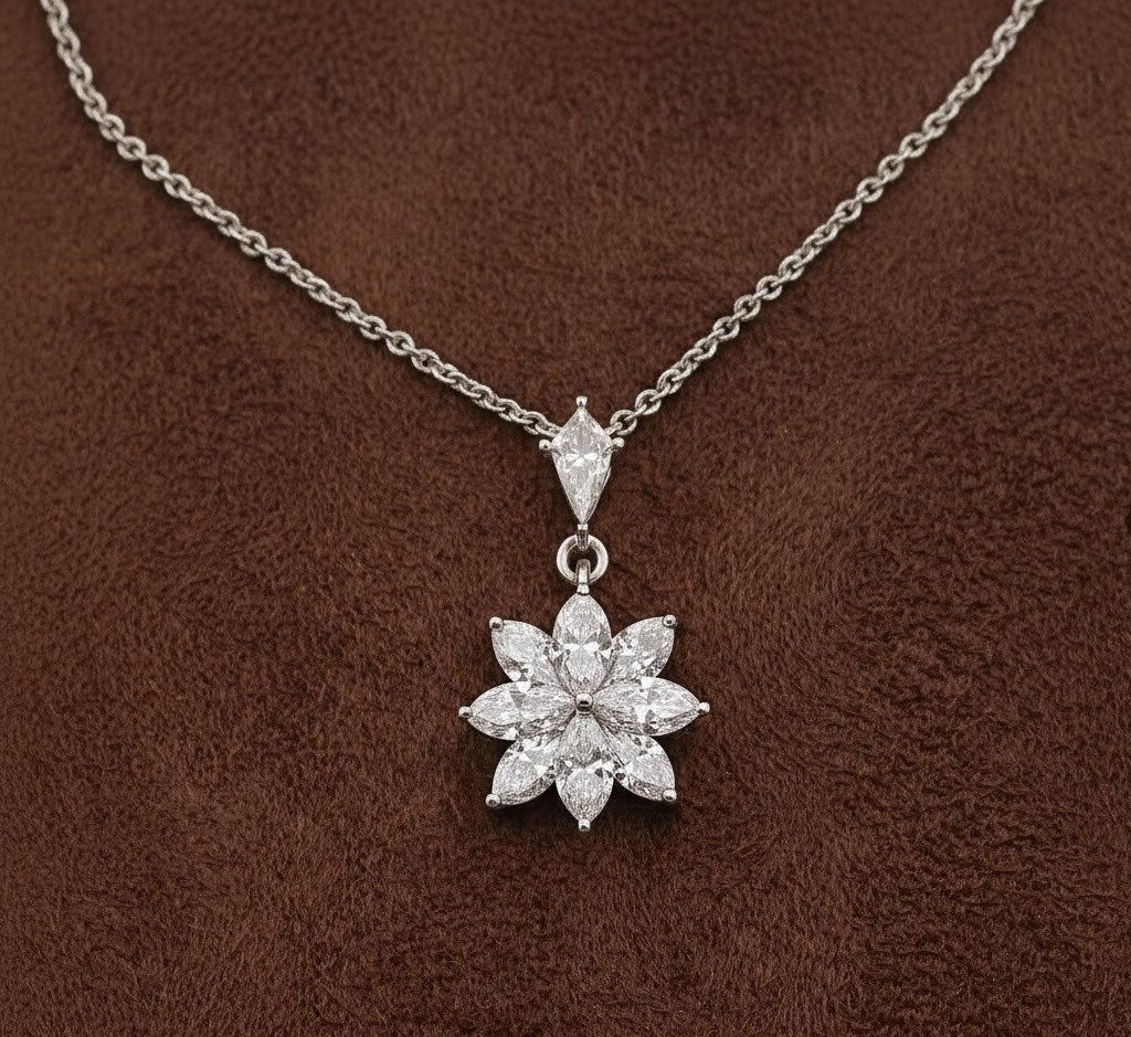 1.90 Ct Marquise EF VS Lab Grown Diamond Flower Shape Necklace in 14K White Gold