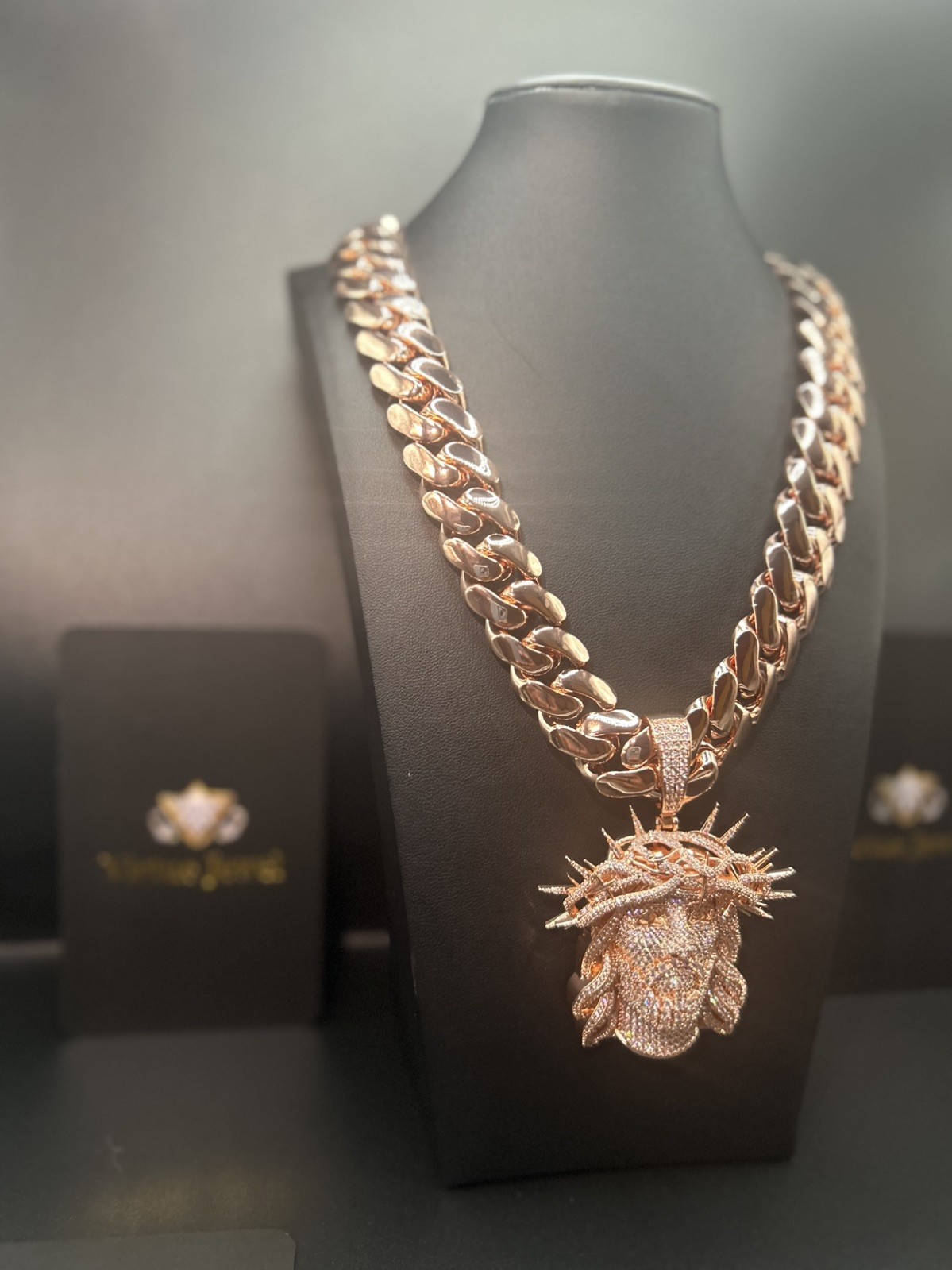 Miami Cuban Link Rose Gold Plated 20mm Chain w Jesus Pendant Charm Set