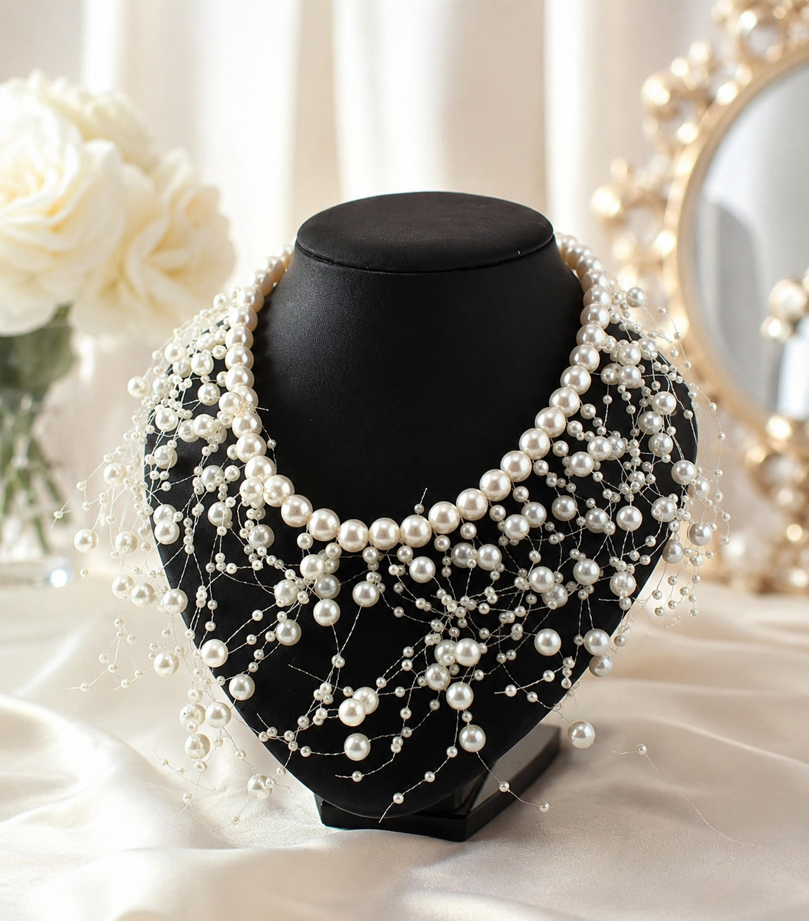 Luxury Pearl Bridal Choker Necklace Wedding Statement Bib Crystal Tassel Necklac
