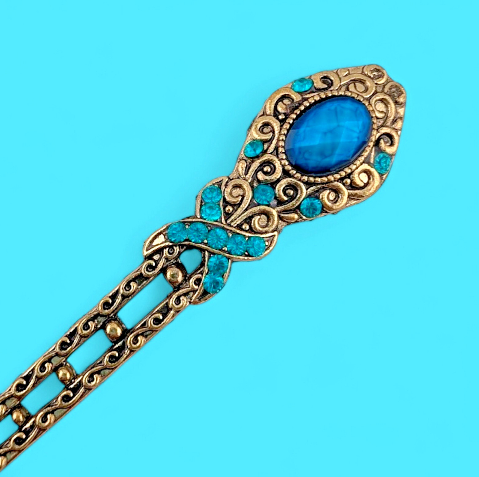 GOLDTONE & AQUA BLUE “CRYSTAL” HAIR STICK metal kanzashi bun french twist pin G6